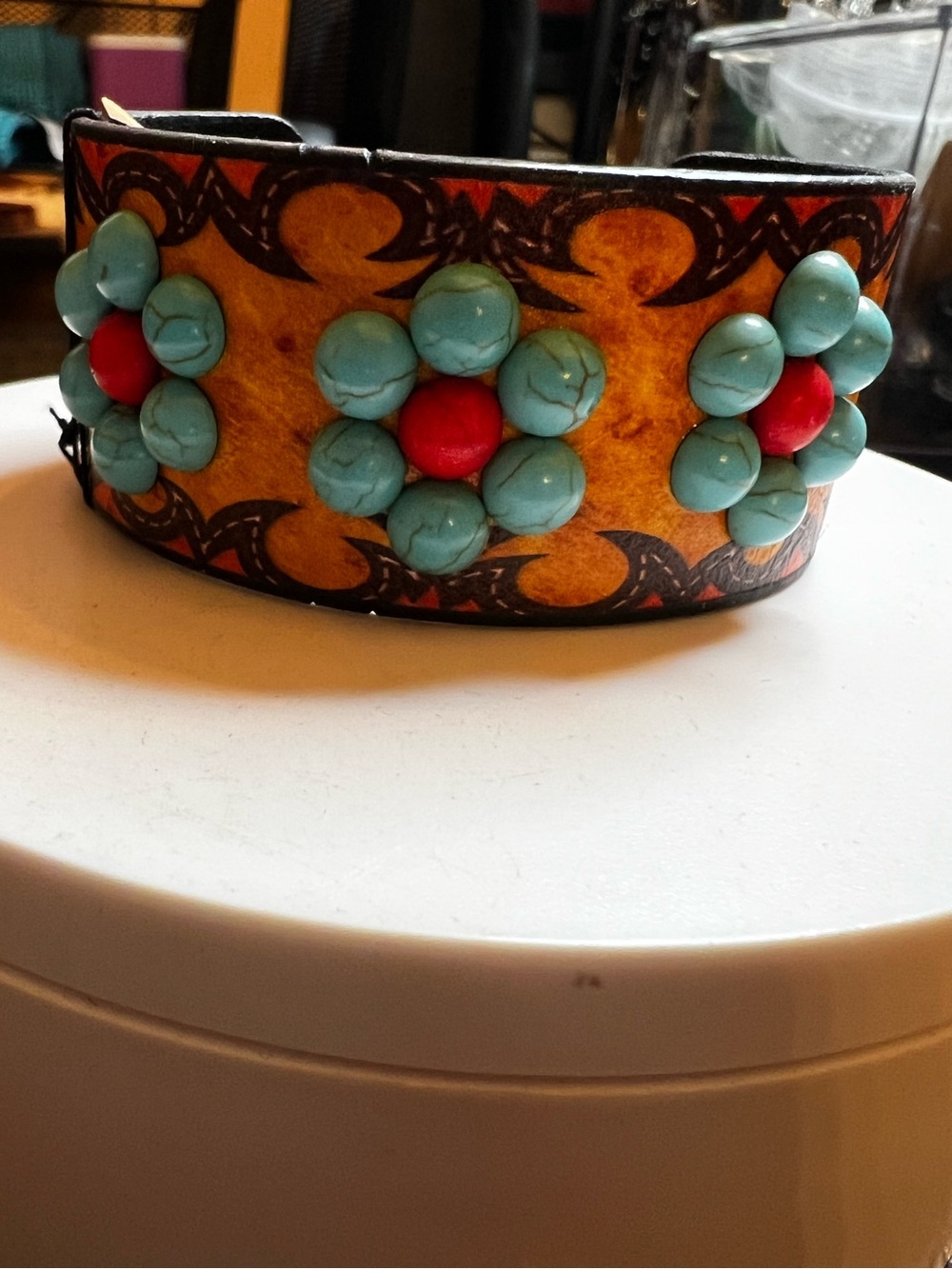 Turquoise & Red Floral Beaded Leather Cuff